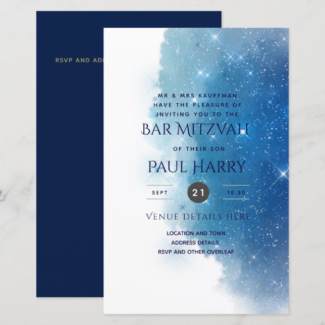 Starry Night Blue Bar Bat Mitzvah Einladungen (Vorne/Hinten)
