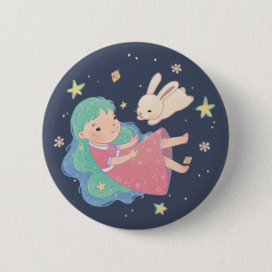Starry Night Bunny & Girl Illustration Button