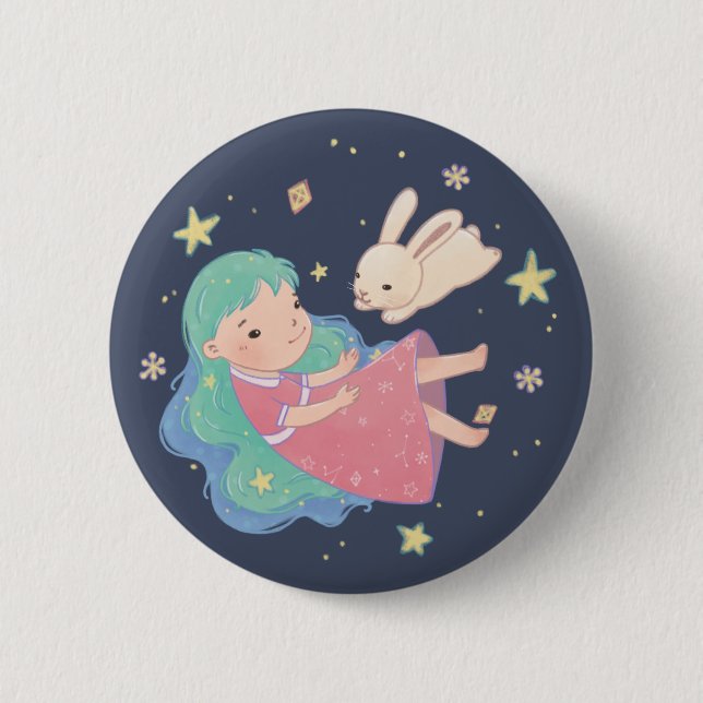 Starry Night Bunny & Girl Illustration Button (Vorderseite)
