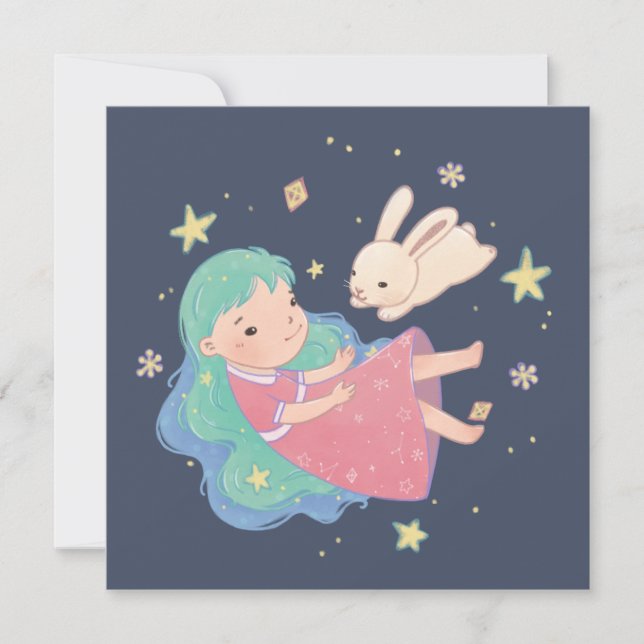 Starry Night Bunny & Girl Illustration Dankeskarte (Vorderseite)