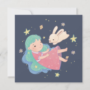 Starry Night Bunny & Girl Illustration Karte