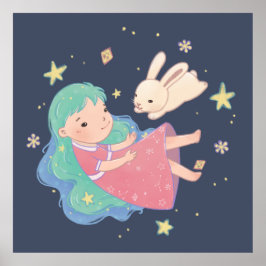 Starry Night Bunny & Girl Illustration Poster