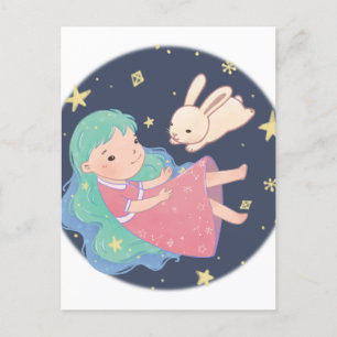 Starry Night Bunny & Girl Illustration Postkarte