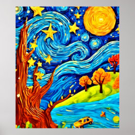 Starry Night Cartoon: Surrealismus Inspiriert Art Poster
