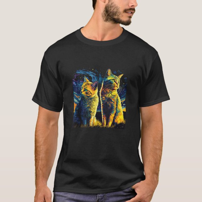 Starry Night Cat Van Gogh Cat Funny Couples Cat Lo T-Shirt (Vorderseite)
