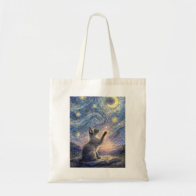 Starry Night Cat – Van Gogh Style Art  Tragetasche (Vorne)