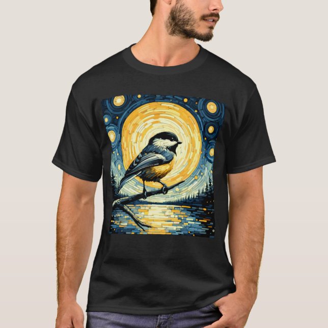 Starry Night Chickadee Van Gogh Bird Lover T-Shirt (Vorderseite)
