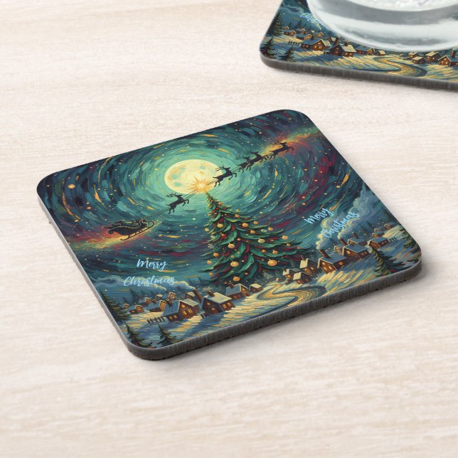 Starry Night Christmas Coaster Set 6 Santa Sleigh Getränkeuntersetzer (Linke Seite)