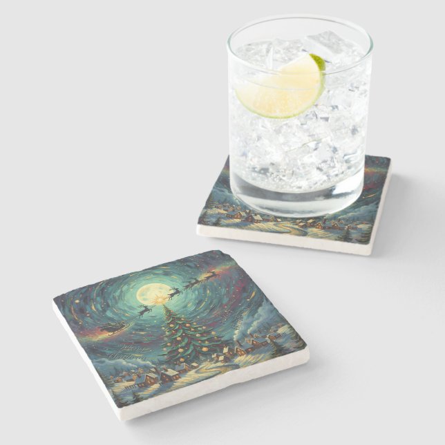 Starry Night Christmas Stone Coaster Santa Sleigh  Steinuntersetzer (Seitenansicht)