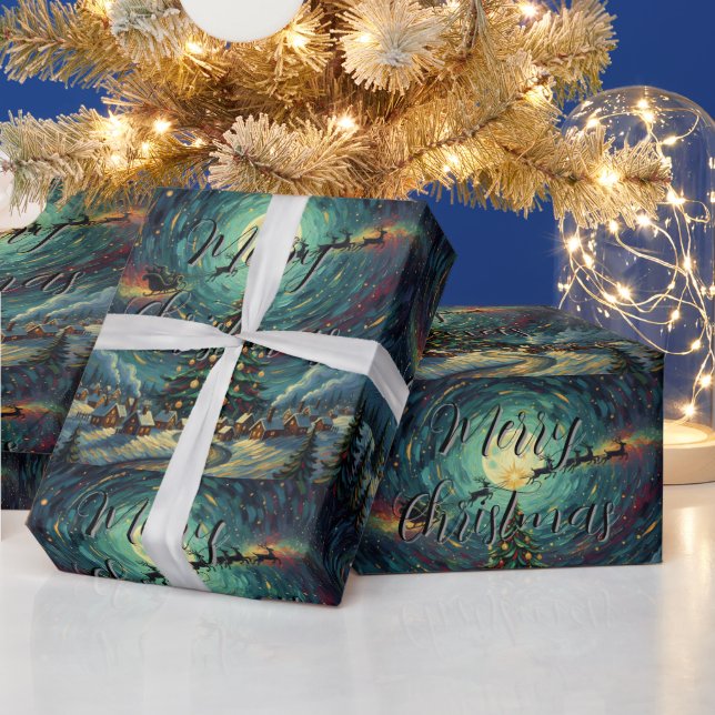 Starry Night Christmas Wrapping Paper Santa Sleigh Geschenkpapier (Feiertage)