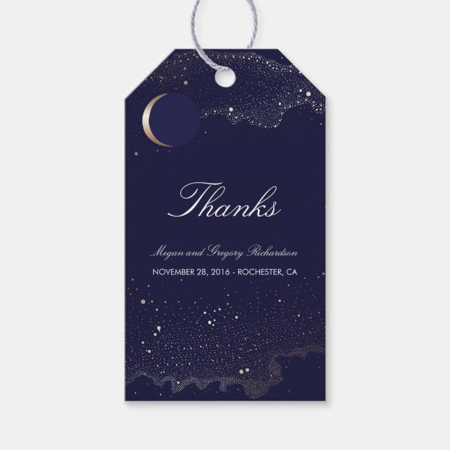 Starry Night Crescent Moon Navy und Gold Wedding Geschenkanhänger (Vorderseite)
