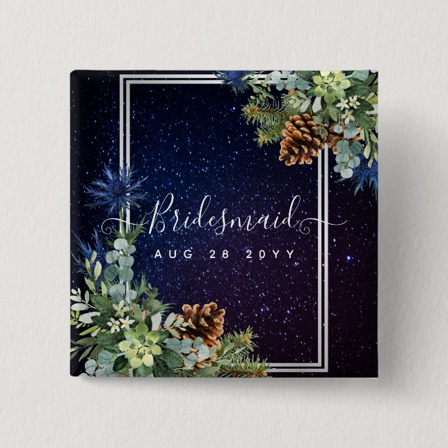 Starry Night Eucalyptus Blue Thistle WinterWedding Button (Vorderseite)