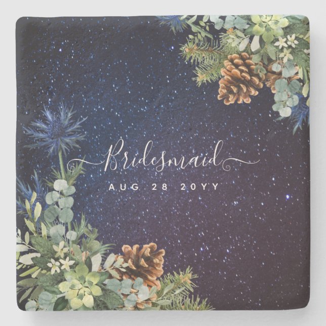 Starry Night Eucalyptus Blue Thistle WinterWedding Steinuntersetzer (Vorderseite)