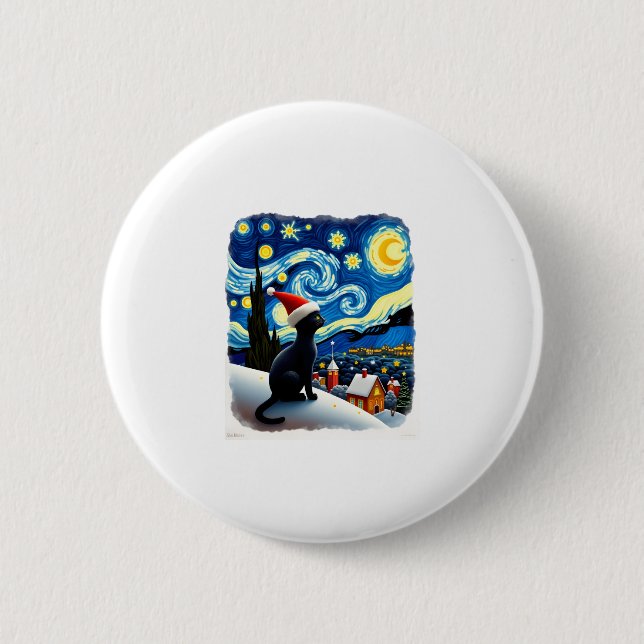 Starry Night Festivals Black Cat Weihnachtsmannmüt Button (Vorderseite)