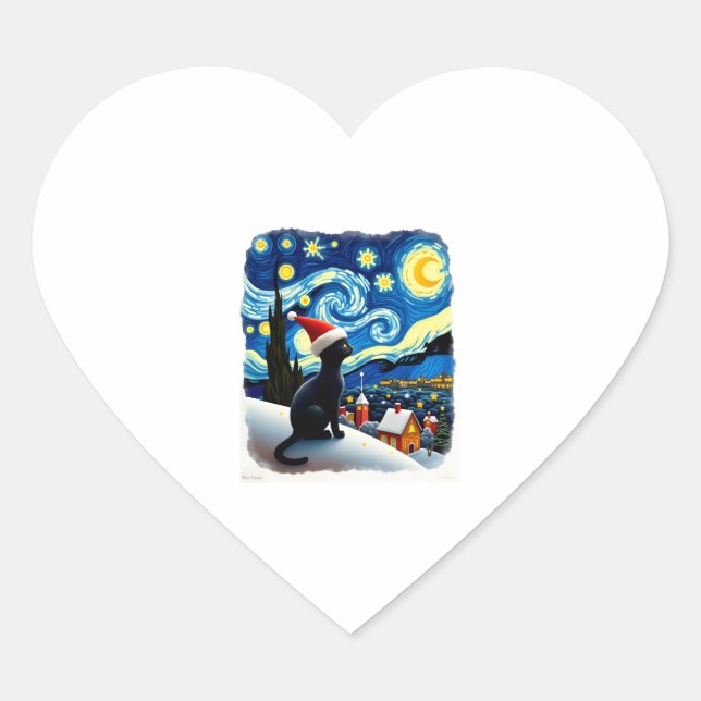 Starry Night Festivals Black Cat Weihnachtsmannmüt Herz-Aufkleber (Vorderseite)