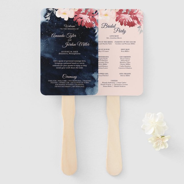Starry Night Floral Wedding Program Hand Fan Fächer (Vorne und Hinten)