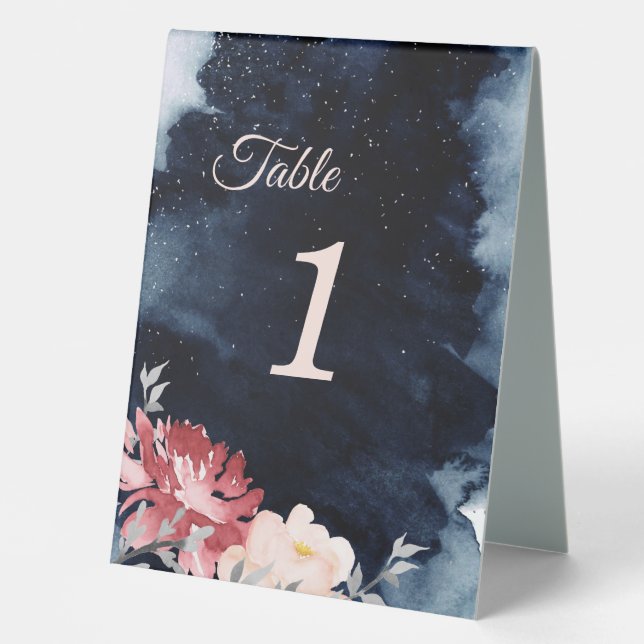 Starry Night Floral Wedding Tischnummer Zelt Sign Tischaufsteller (Vorderseite)