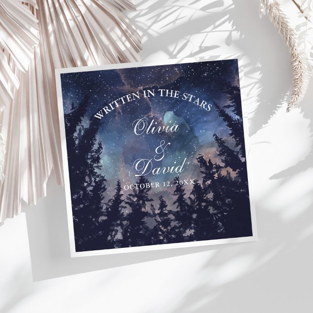 Starry Night Forest Wedding Serviette (Starry Night Forest Wedding Paper Dinner Napkins on a sunny white table.)
