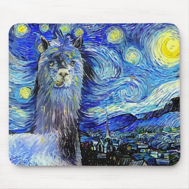 Starry Night Funny Alpaca Landschaft Parody Mousepad (Vorne)