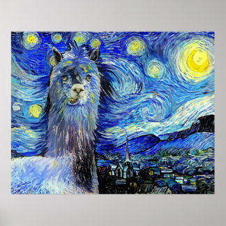 Starry Night Funny Alpaca Landschaft Parody Poster