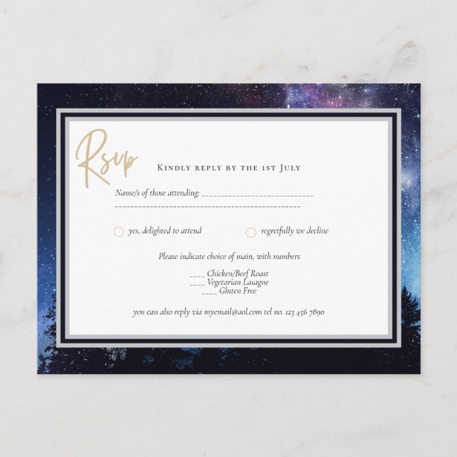 Starry Night Galaxy Wedding RSVP Navy Gold Postcar Postkarte (Vorderseite)