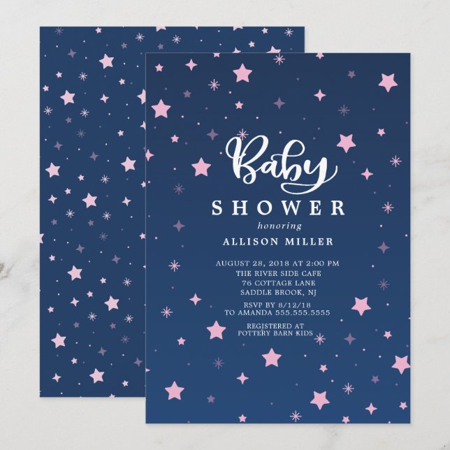 Starry Night Girls Babydusche Einladung (Vorne/Hinten)
