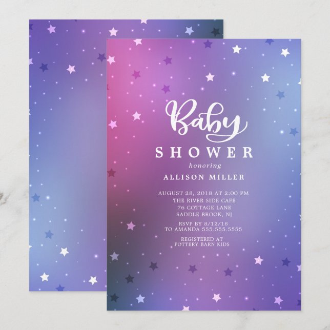 Starry Night Girls Babydusche Einladung (Vorne/Hinten)