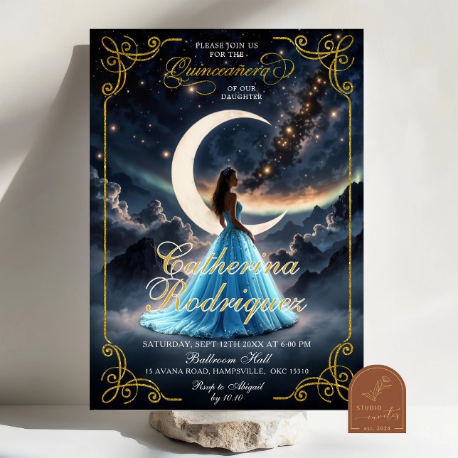 Starry Night Gold Baby Blue Quinceñera Einladung (Von Creator hochgeladen)