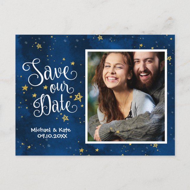 Starry Night Gold Navy Wasserfarbe| Ankündigungspostkarte (Vorderseite)