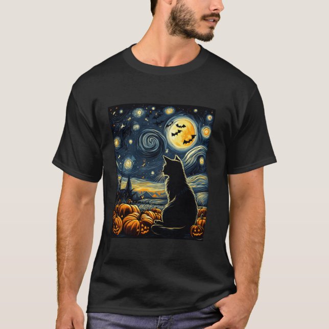 Starry Night Halloween Kostüm Black Cat Pumpkins T-Shirt (Vorderseite)