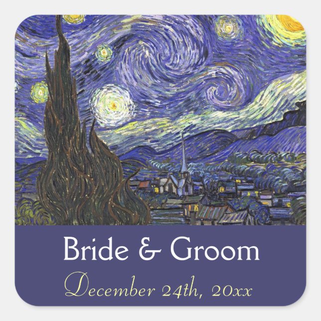 Starry Night Hochzeit speichern Sie das Datum Quadratischer Aufkleber (Vorderseite)