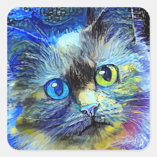 Starry Night Impressionist Tabby Cat Portrait Quadratischer Aufkleber