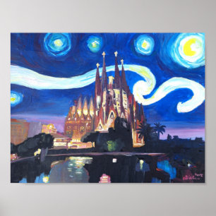 Starry Night in Barcelona mit Sagrada Familia Poster