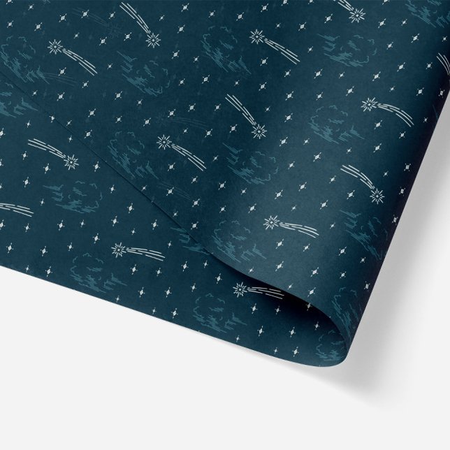 Starry Night in Blue Christmas Stars Seidenpapier (shooting stars and clouds in geometric illustration tissue paper navy blue background)