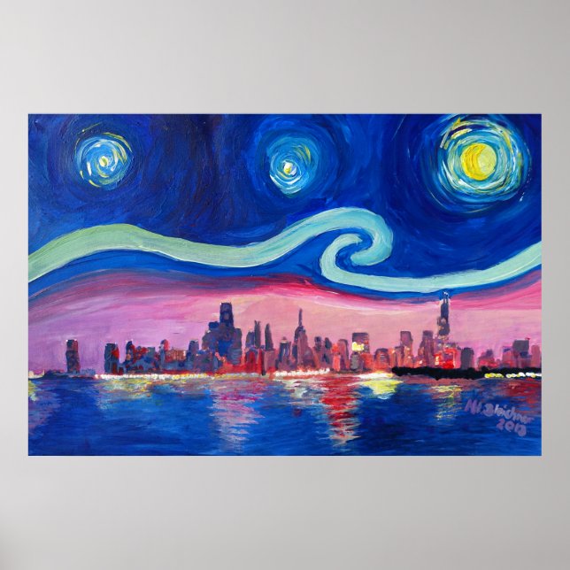 Starry Night in Chicago Illinois mit Lake Michiga Poster (Vorne)
