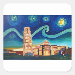 Starry Night in Pisa mit Schiefer Tower Quadratischer Aufkleber