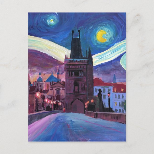Starry Night in Prag mit Carlsbridge Postkarte (Vorderseite)