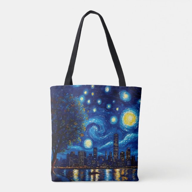 Starry Night Inspired Cityscape Tote Bag Tasche (Rückseite)