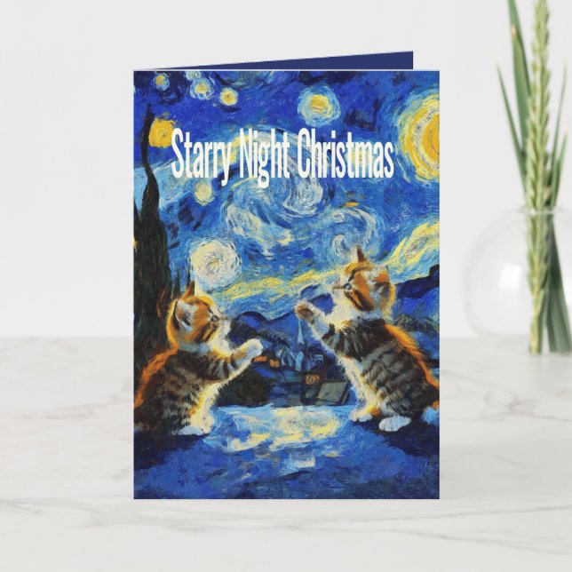 Starry Night Kittymas Christmas Spoof Feiertagskarte (Vorderseite)