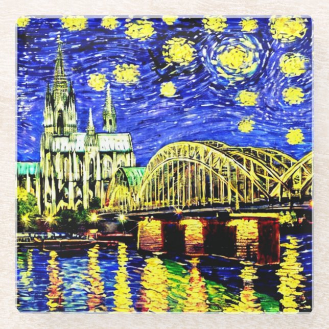 Starry Night Köln Dom Deutschland Glasuntersetzer (Vorderseite)