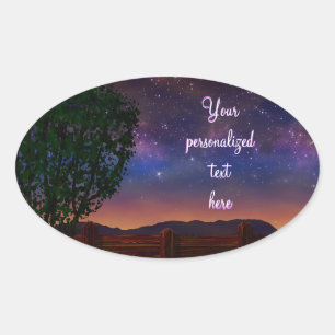 Starry Night Landscape - mit anpassbarem Text - Ovaler Aufkleber