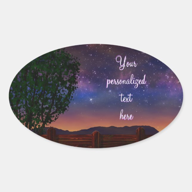 Starry Night Landscape - mit anpassbarem Text - Ovaler Aufkleber (Vorderseite)