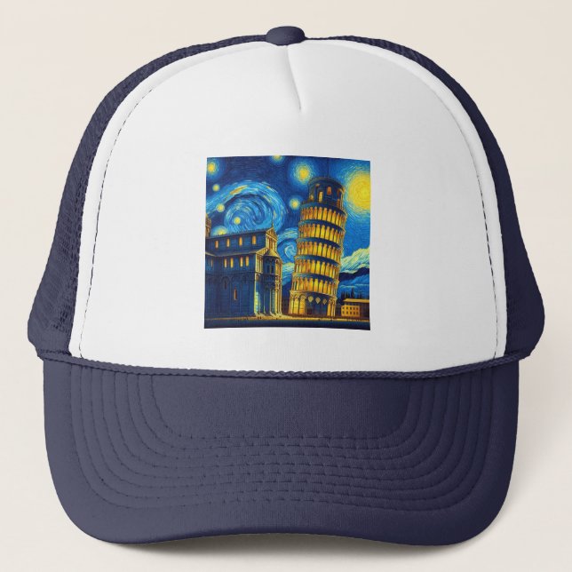 Starry Night Leaning Tower von Pisa Italien Truckerkappe (Vorderseite)