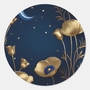 Starry Night mit Gold Crescent Moon Runder Aufkleber
