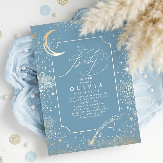 Starry Night Moon Mystical Celestial Baby Dusche Einladung (Celestial Dusty Blue Baby Shower Invitation with Crescent Moon and Stars)