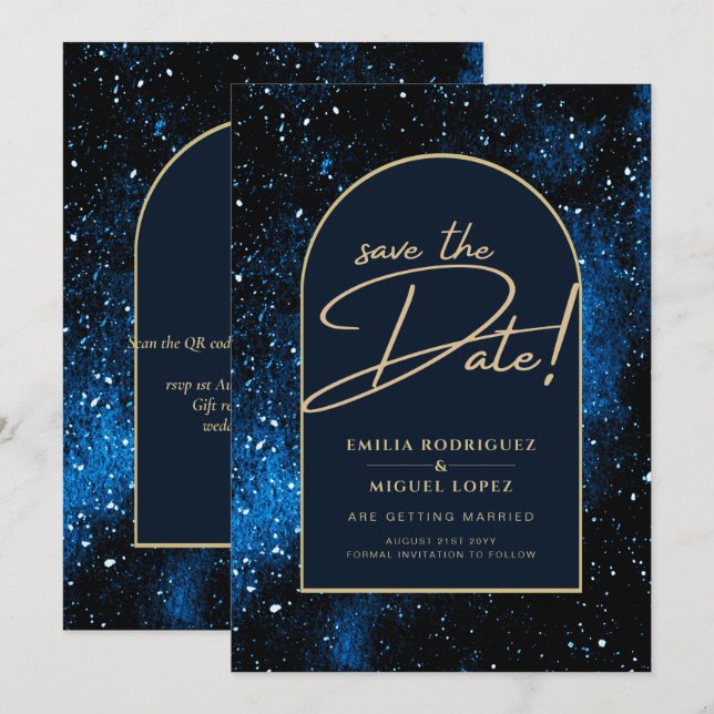 Starry Night Navy Blue Gold Wedding RETT DATE Einladung (Vorne/Hinten)