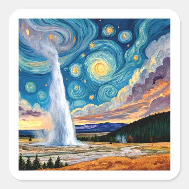 Starry Night Old Faithful Yellowstone Park Quadratischer Aufkleber (Vorderseite)