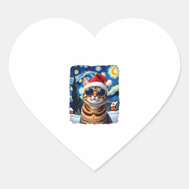 Starry Night Orange Tabby Cat Christmas Herz-Aufkleber (Vorderseite)
