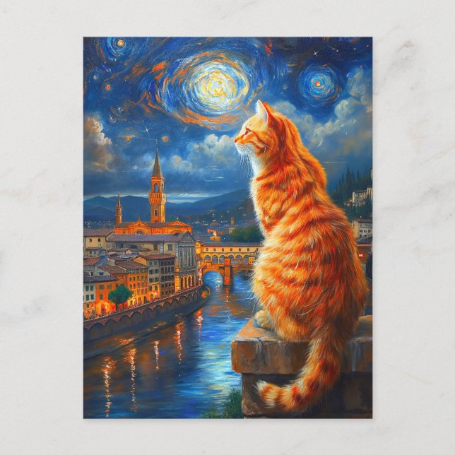 Starry Night Over Florence | Ginger Cat Art Postkarte (Vorderseite)