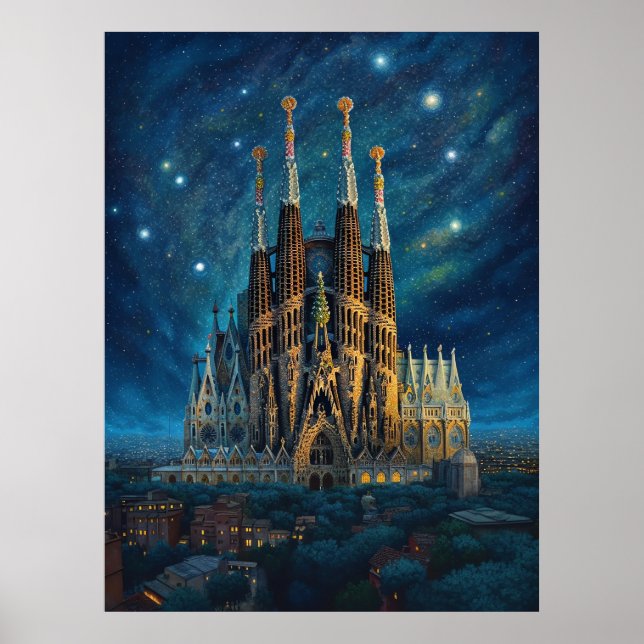 Starry Night Over Sagrada Familia Barcelona Poster (Vorne)